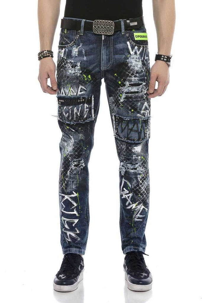 CD591 Herren Straight Fit-Jeans mit Farbspritzern Und Nieten - Cipo and Baxx