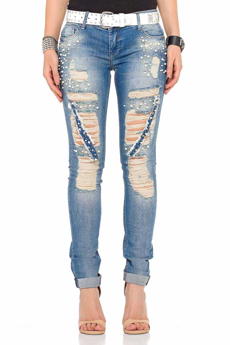 WD338 Damen bequeme Jeans mit besonderen Destroyed-Elementen in Skinny Fit - Cipo and Baxx - D_Straight_Slim - Damen -