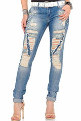 WD338 Damen bequeme Jeans mit besonderen Destroyed-Elementen in Skinny Fit - Cipo and Baxx - D_Straight_Slim - Damen -