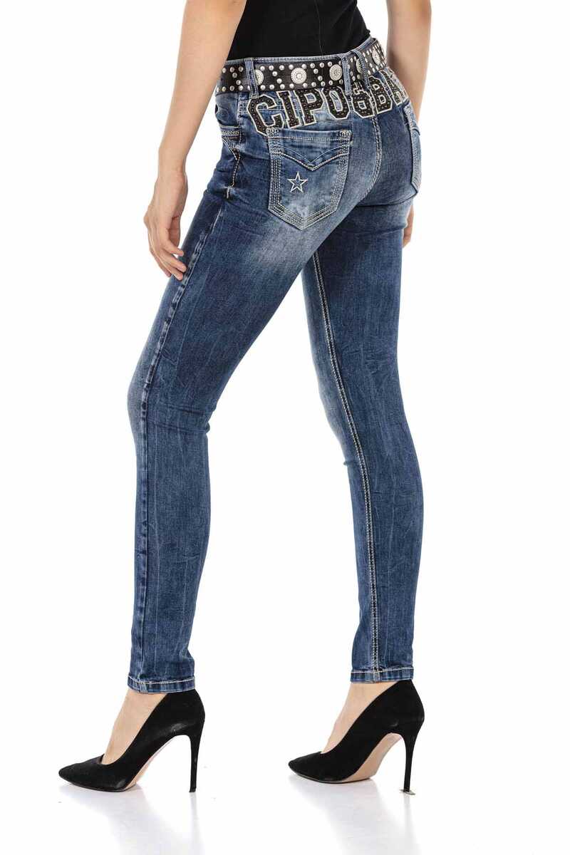 WD427 Damen bequeme Jeans mit Steinchenbesatz und Markenstickerei - Cipo and Baxx - D_slim_Skinny - Damen -