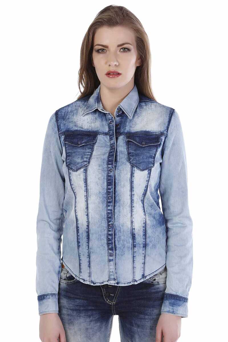 WH101 Damen Jeanshemd mit coolem dekorative Wash - Cipo and Baxx - Damen Hemd - Damen langarm -