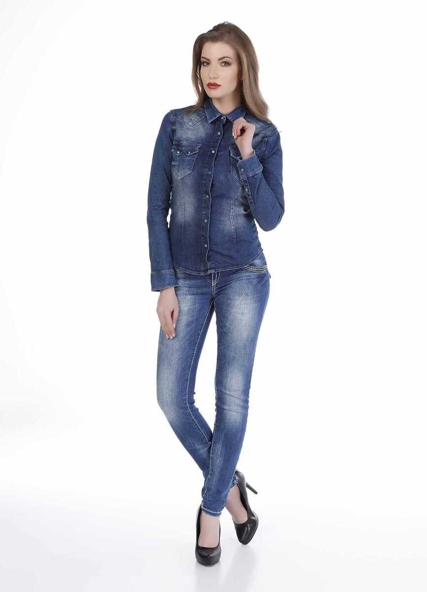 WH102 Damen Jeanshemd mit coolem Marke-Motiv - Cipo and Baxx - Damen Hemd - Damen langarm -