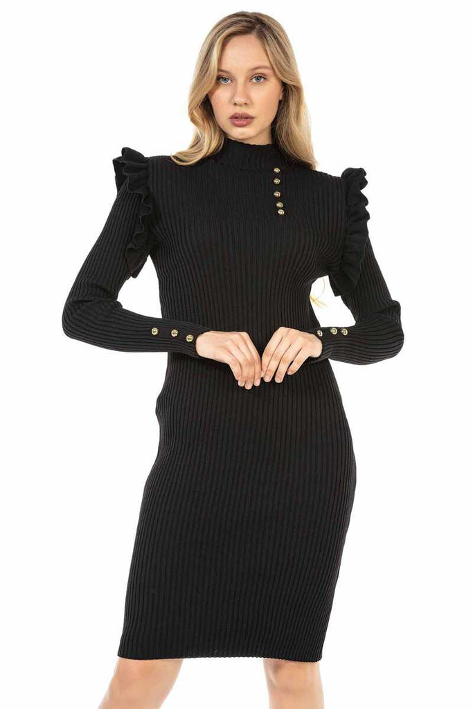 WP224 Damen Pullover Jerseykleid mit trendigen Zierknöpfen - Cipo and Baxx